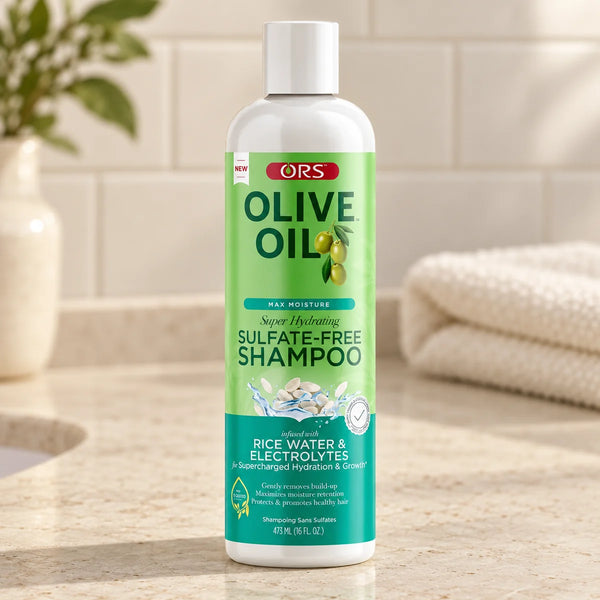 ORS Max Moisture Sulfate-Free Shampoo 16oz for Clean Curls — 16 oz on a bathroom vanity.
