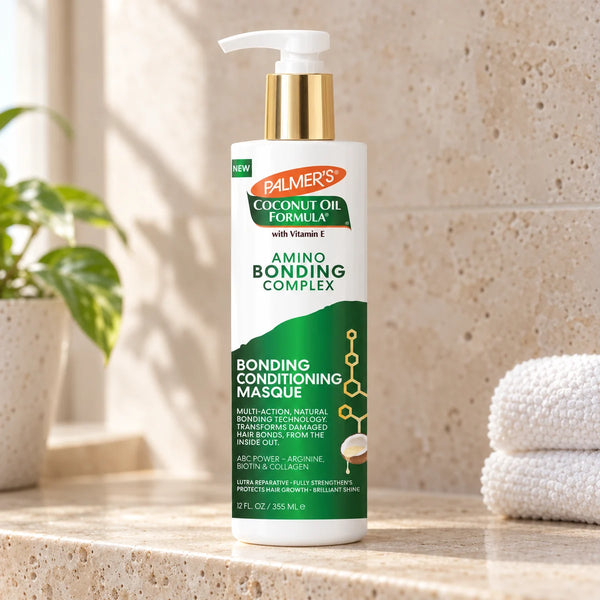 Palmer's Amino Bonding Complex Deep Conditioning Mask 12oz Bond Repair Treatment — 12 oz on a bathroom vanity or dressing table.