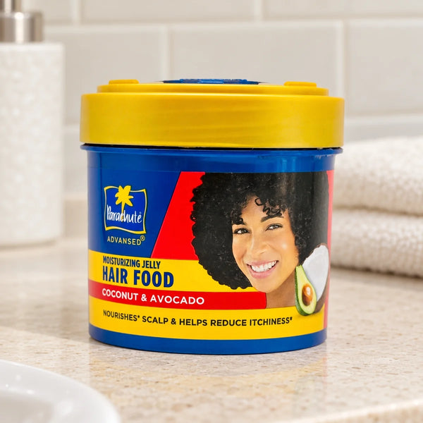 Parachute Advansed Coconut & Avocado Moisturising Jelly Hair Food — 250 ml on a bathroom vanity.