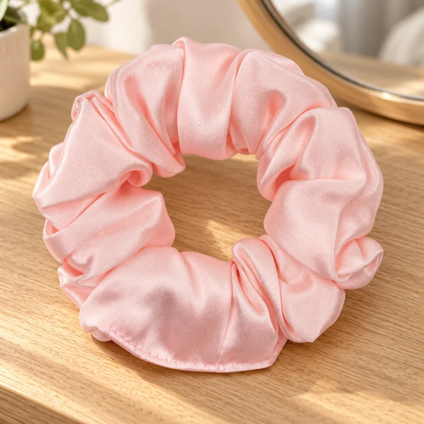Regular pink silk scrunchie on a wooden dressing table.