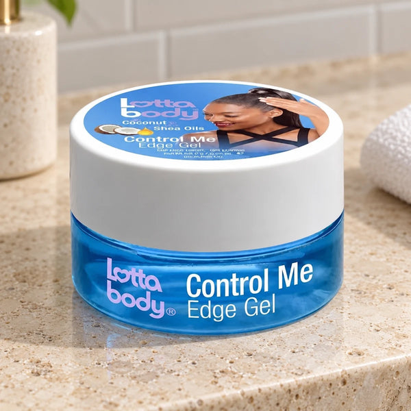 Revlon Lotta Body Control Me Edge Gel: Smooth, Frizz-Free Edges & Styling for All Hair Types — 2.25 oz on a bathroom vanity.