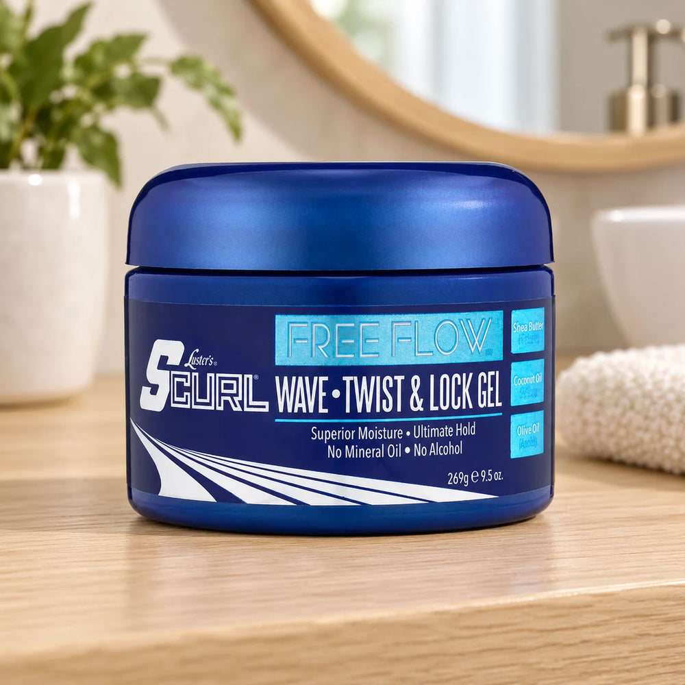 SCurl Free Flow Wave Twist & Lock Gel — 269 g on a bathroom vanity.