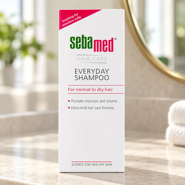 Sebamed Everyday Shampoo — 200 ml on a bathroom vanity.