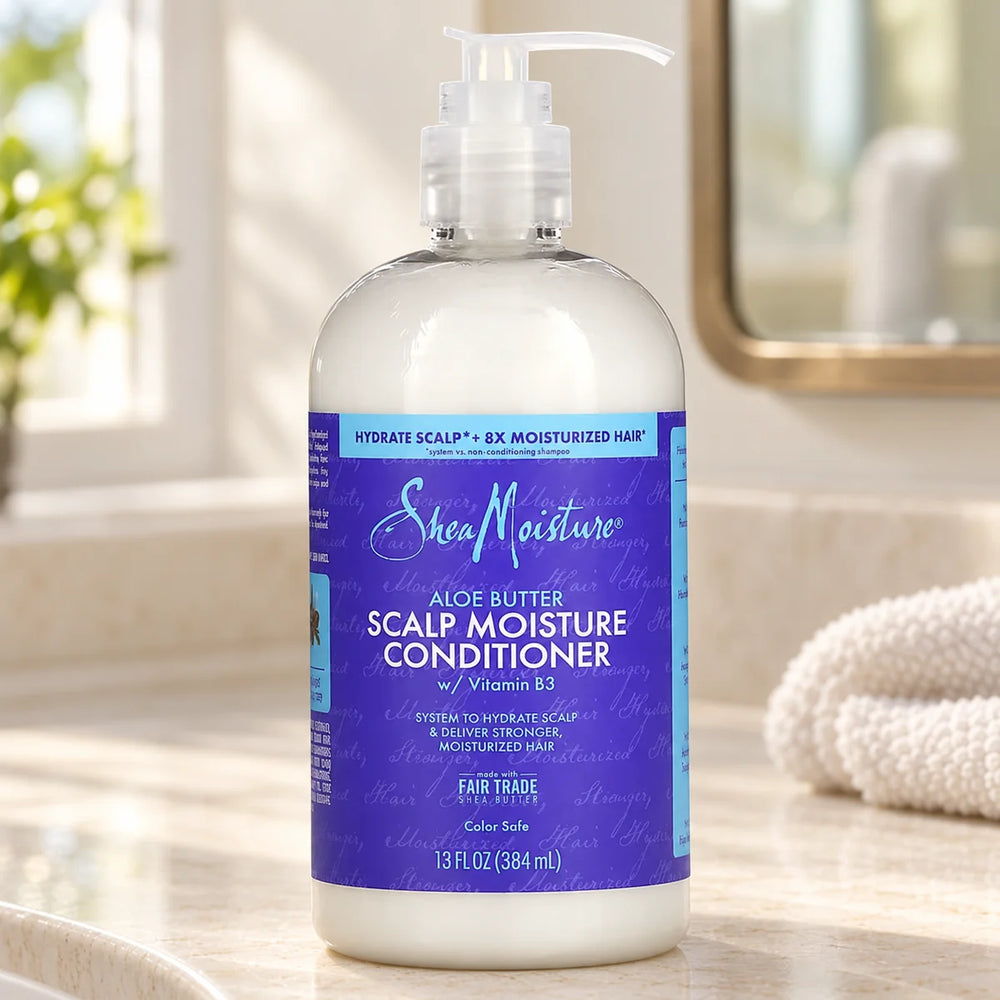 Shea Moisture Aloe Butter Scalp Moisture Conditioner — 13 oz on a bathroom vanity.