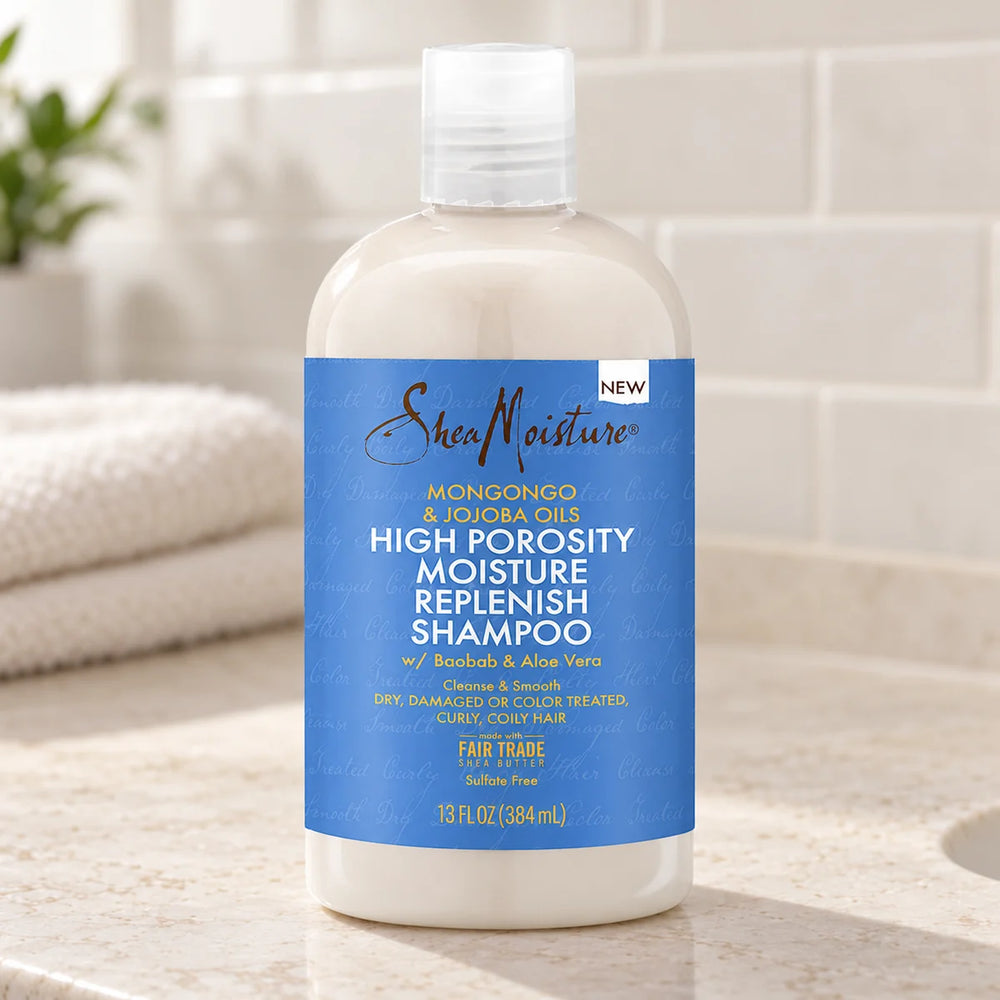 Shea Moisture High Porosity Moisture Replenish Shampoo — 13 oz on a bathroom vanity.