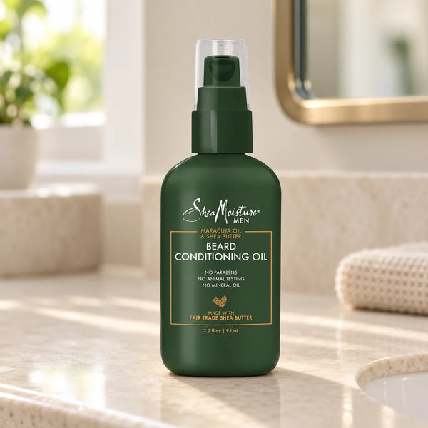 Shea Moisture Maracuja & Shea Beard Oil - Soften & Condition — 3.2 oz on a bathroom vanity.