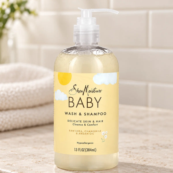 Shea Moisture Raw Shea Chamomile & Argan Oil BABY Wash & Shampoo — 13 oz on a bathroom vanity.