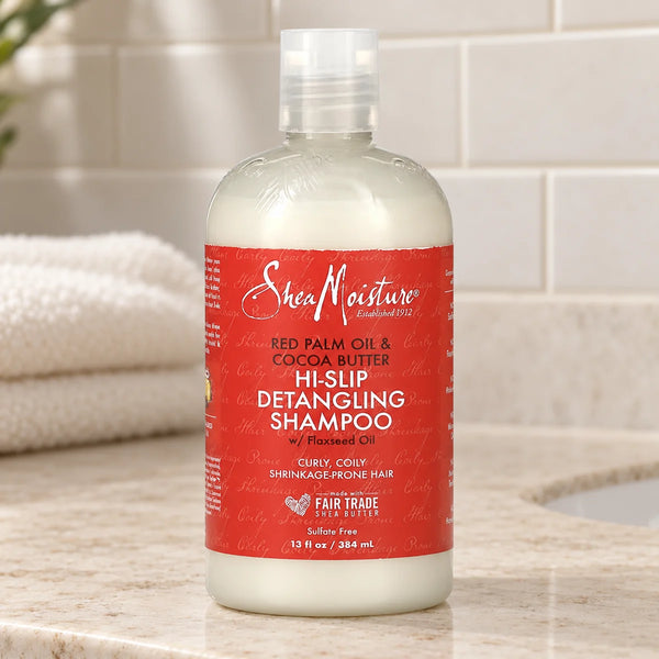 Shea Moisture Red Palm Oil & Cocoa Butter Hi-Slip Detangling Shampoo — 13 oz on a bathroom vanity.