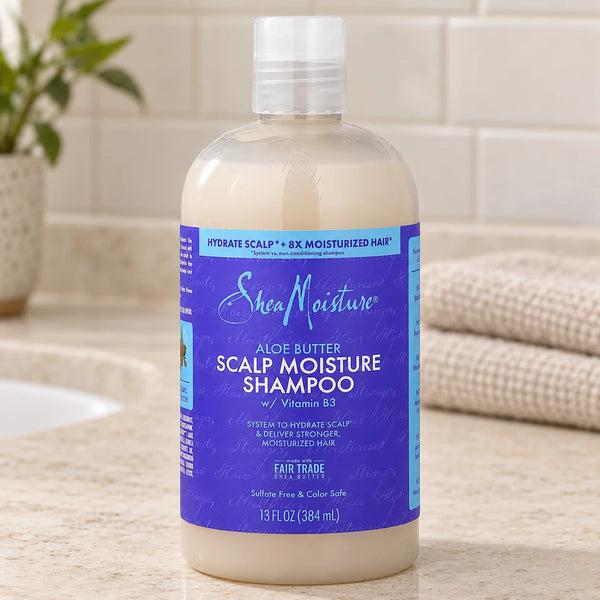 SheaMoisture Scalp Moisture Shampoo — 13 fl oz on a bathroom vanity.