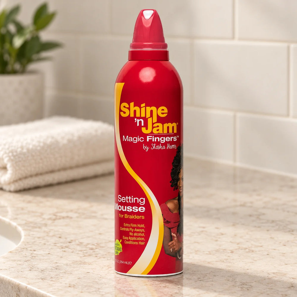 Shine 'n Jam Magic Fingers Setting Mousse Long-Lasting Hold & Professional Braids for Braiders — 12 oz on a bathroom vanity.