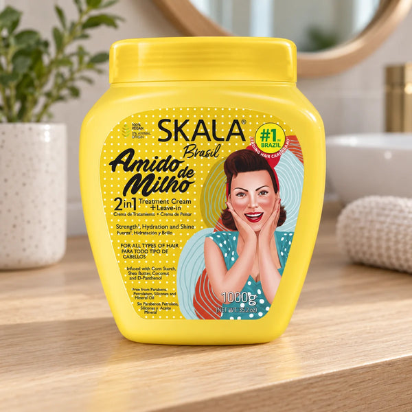Skala Brasil Amido de Milho Hair Treatment Cream — 1000 g on a bathroom vanity.