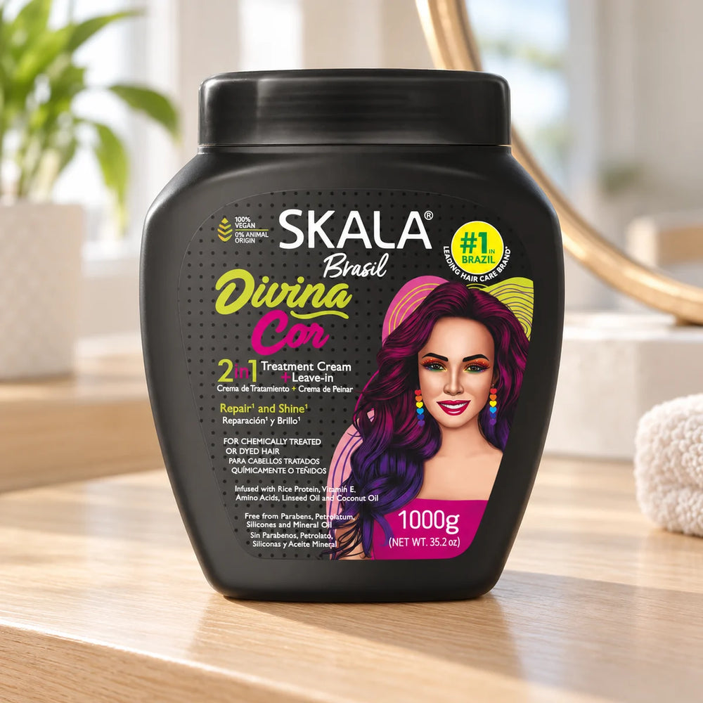 Skala Brasil Divina Cor Hair Treatment Cream Repair & Shine for Colour-Treated Hair — 1000 g on a bathroom vanity.