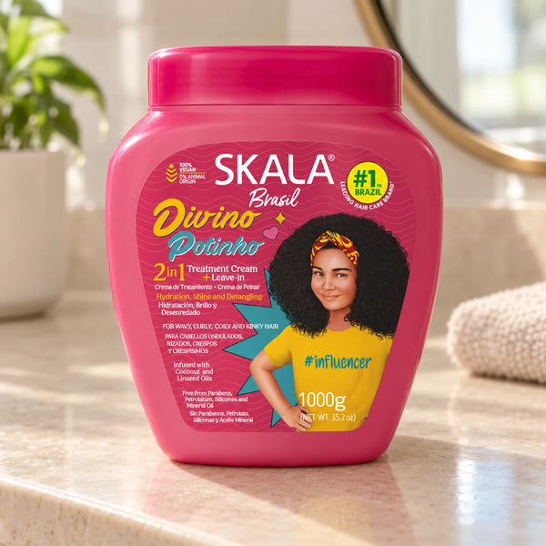 Skala Brasil Divino Potinho Hair Treatment Cream — 1000 g on a bathroom vanity.