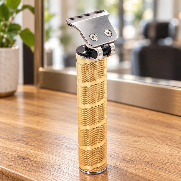 Gold Barbarossa Skeleton hair and beard trimmer on a salon worktop.