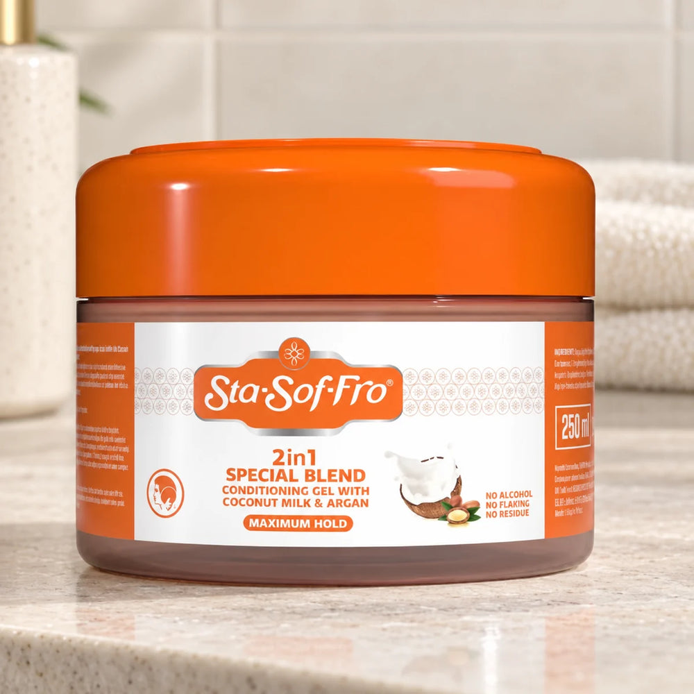 Sta Sof Fro 2 in 1 Special Blend Conditioning Gel for Moisturised, Styled Afro & Textured Hair — 250 ml on a bathroom vanity.