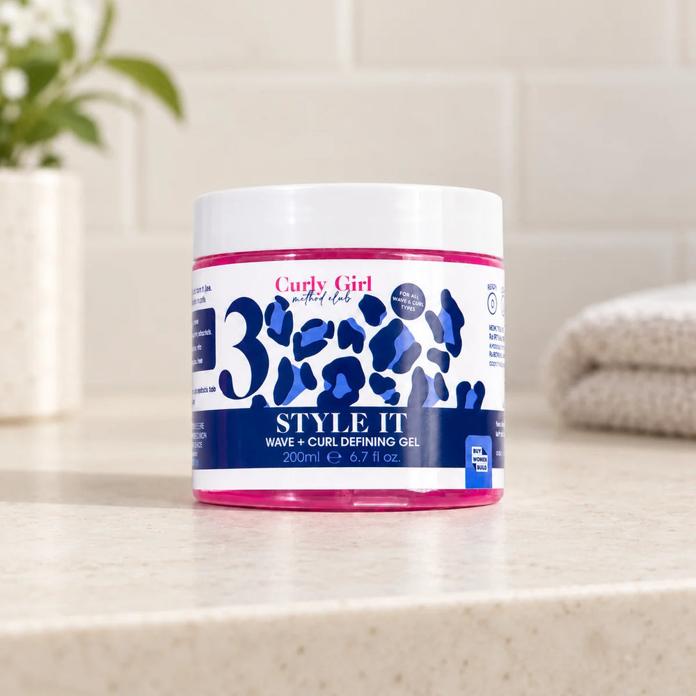 Style It 200ml styling gel jar on a bathroom vanity.