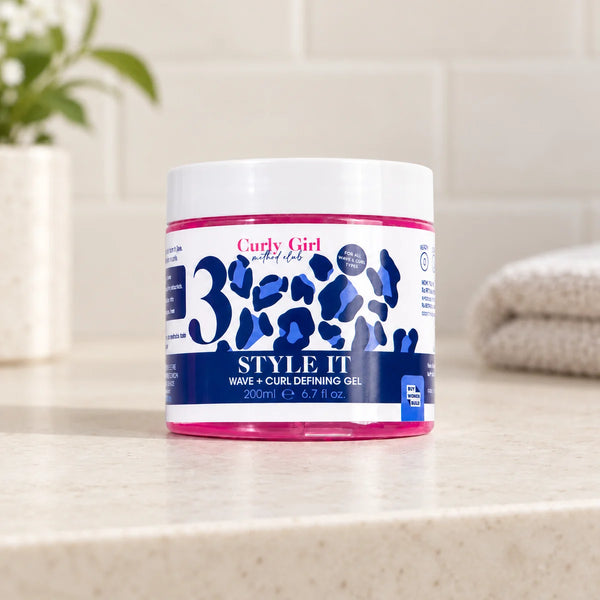 Style It 200ml styling gel jar on a bathroom vanity.