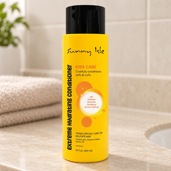 Sunny Isle Kids Extreme Hydrating Conditioner — 12 oz on a bathroom vanity.