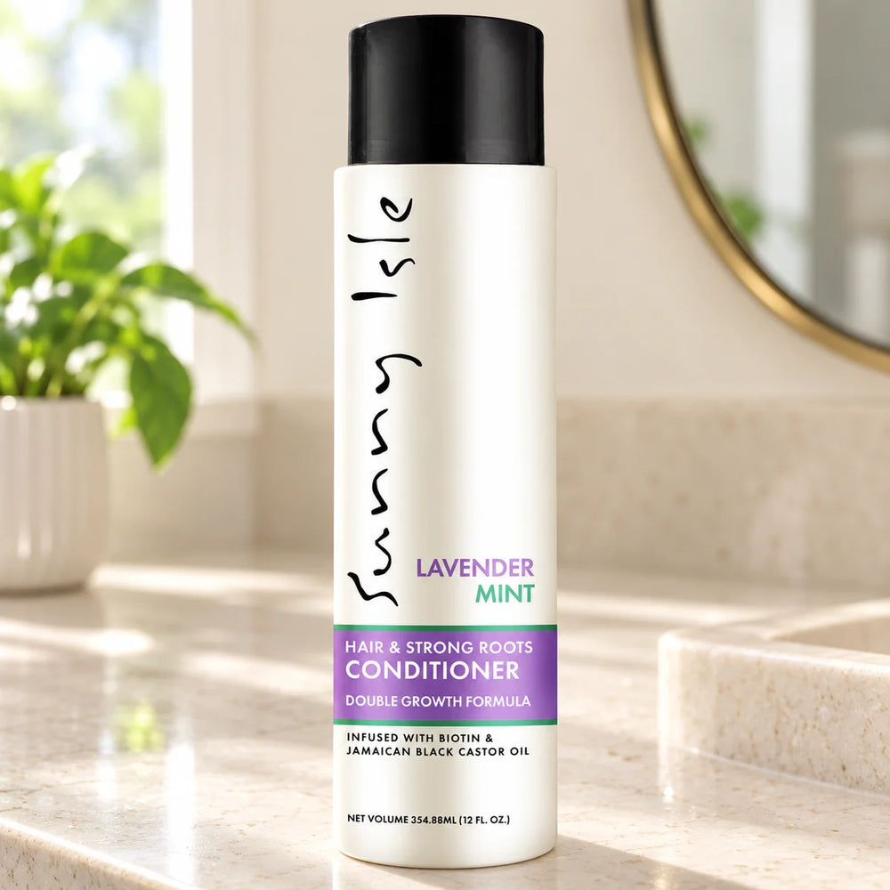 Sunny Isle Lavender Mint Hair & Strong Roots Conditioner — 354.88 ml on a bathroom vanity.