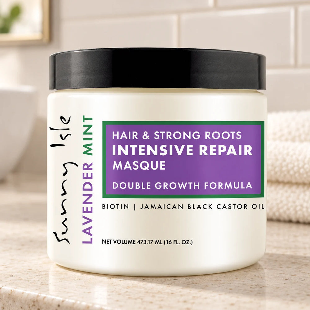 Sunny Isle Lavender Mint Hair & Strong Roots Intensive Repair Masque — 473.17 ml on a bathroom vanity.