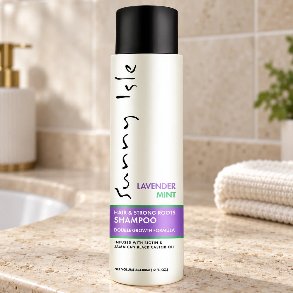 Sunny Isle Lavender Mint Hair & Strong Roots Shampoo Cleanses hair and scalp — 354.88 ml on a bathroom vanity.
