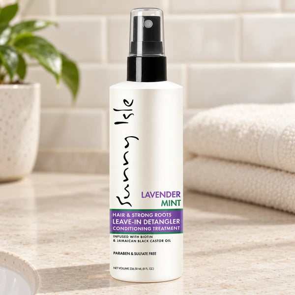 Sunny Isle Lavender Mint Leave-In Detangler Conditioning Treatment — 236.58 ml on a bathroom vanity.