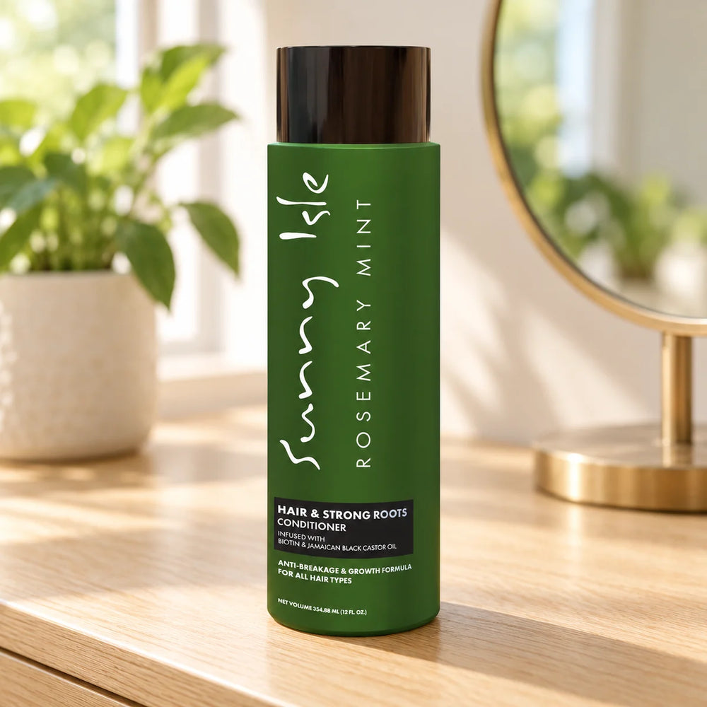 Sunny Isle Rosemary Mint Hair & Strong Roots Conditioner — 12 oz on a bathroom vanity.