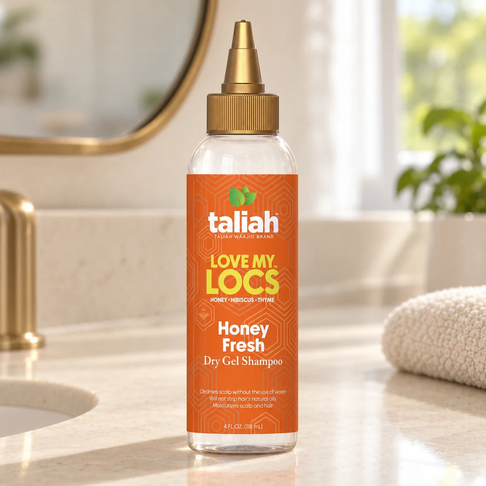 Taliah Waajid Love My Locs Honey Fresh Dry Gel Shampoo: Refreshing Cleansing for Locs — 4 oz on a bathroom vanity.