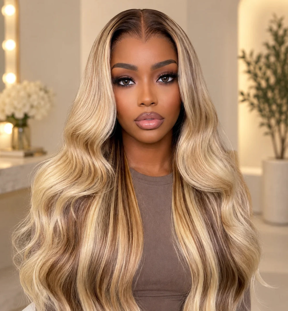 Chic Luxe Hair The Sienna Ash Blonde Wave Wig, shown on its original subject against a neutral dressing-room background.