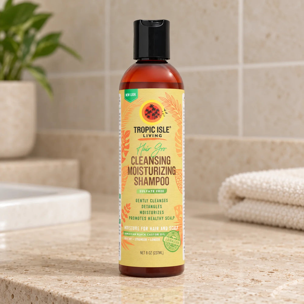 Tropic Isle Living Hair Gro Cleansing Moisturising Shampoo — 237 ml on a bathroom vanity.