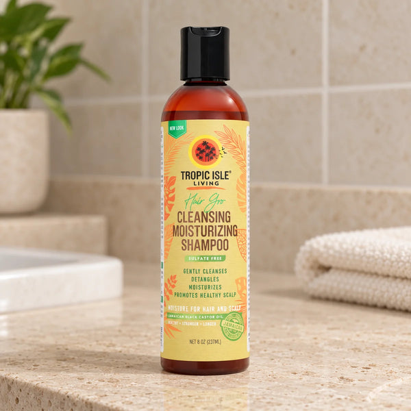 Tropic Isle Living Hair Gro Cleansing Moisturising Shampoo — 237 ml on a bathroom vanity.