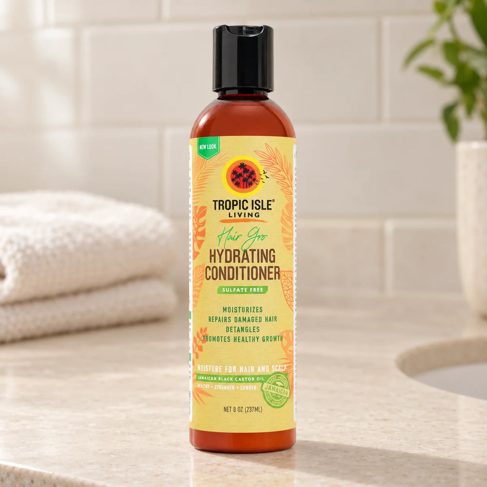 Tropic Isle Living Hair Gro Hydrating Conditioner — 237 ml on a bathroom vanity.