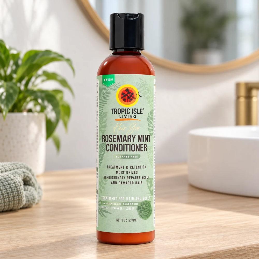 Tropic Isle Living Hair Gro Rosemary Mint Conditioner — 237 ml on a bathroom vanity.