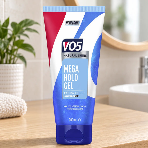 VO5 Mega Hold Styling Gel: Extreme Control for Long-Lasting Styles (Men & Women) — 200 ml on a bathroom vanity.