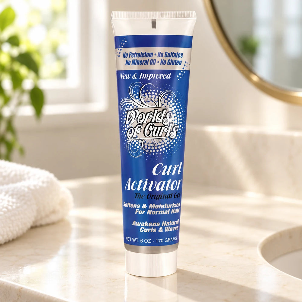 Worlds of Curls Curl Activator Gel for Defined, Hydrated Curls & Radiant Shine — 6 oz on a bathroom vanity.