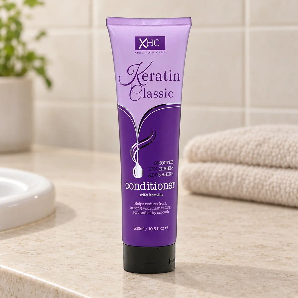 XHC Hair Care Keratin Classic Conditioner for Smooth, Frizz-Free & Shiny Hair — 300 ml on a bathroom vanity.