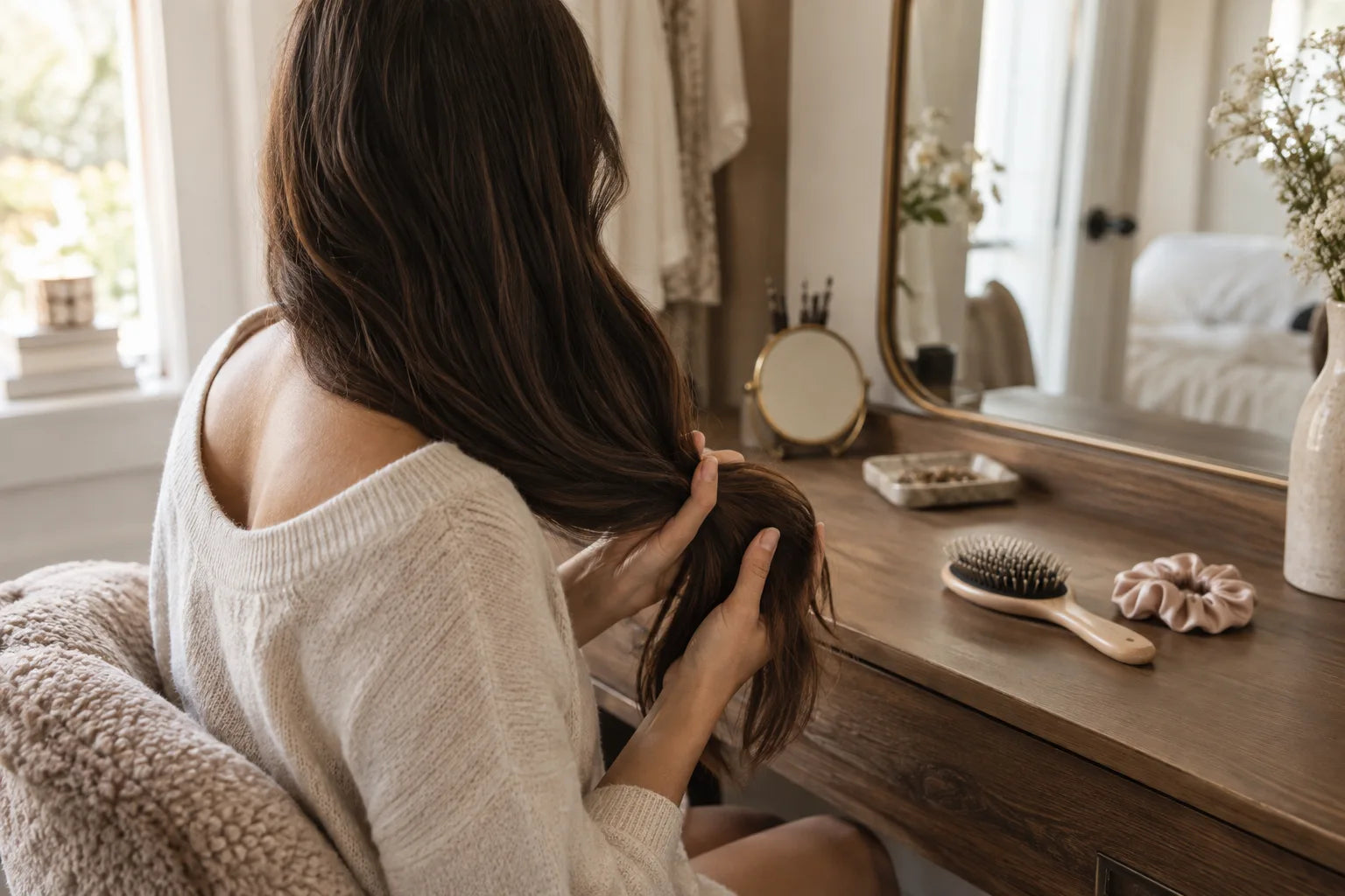 Woman gently tending to her long hair at a dressing table