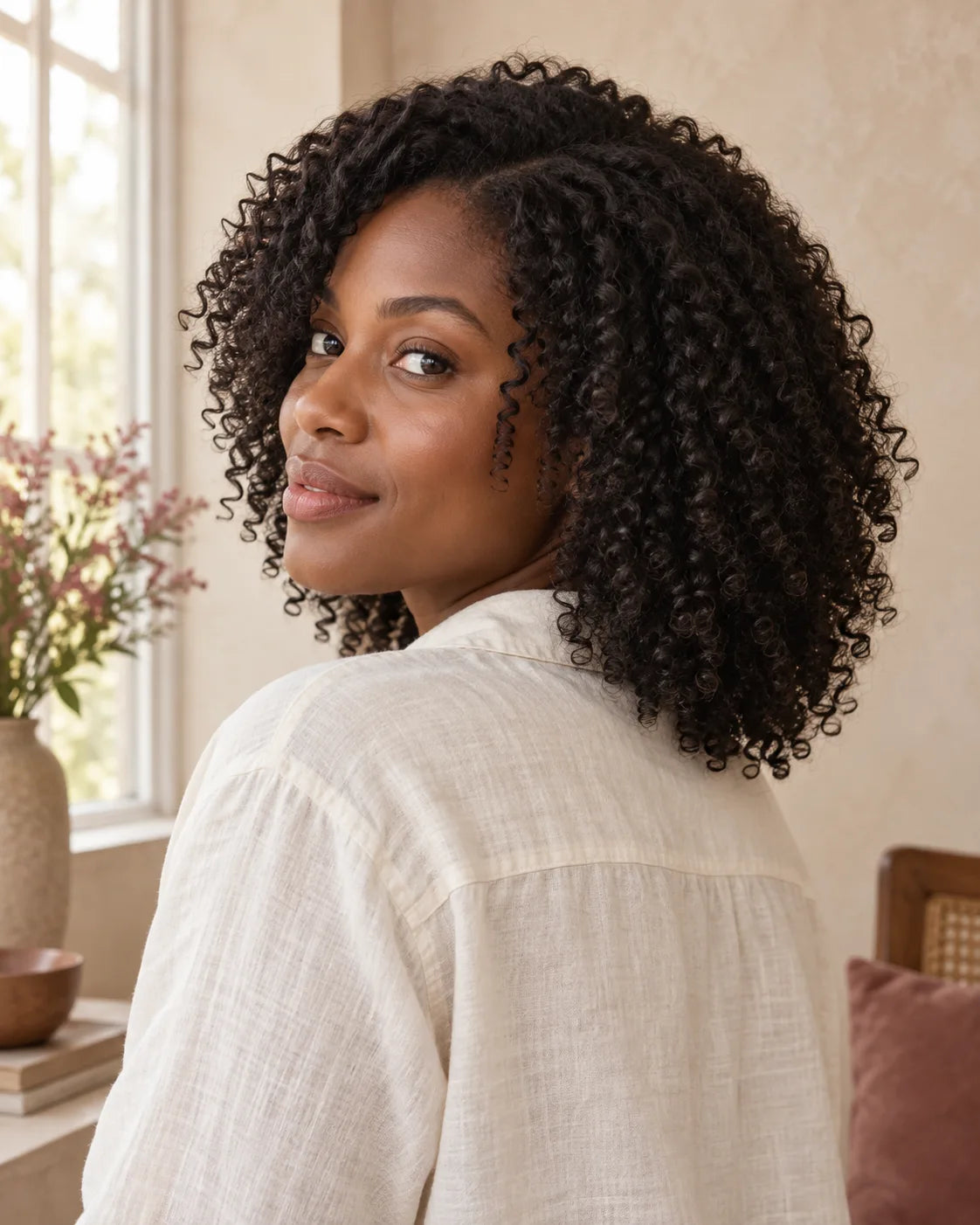 Woman with natural curly hair wearing an ivory linen shirt