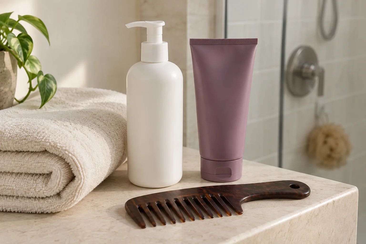 Ivory towel, unlabelled pump bottle, plum conditioner tube and wide-tooth comb